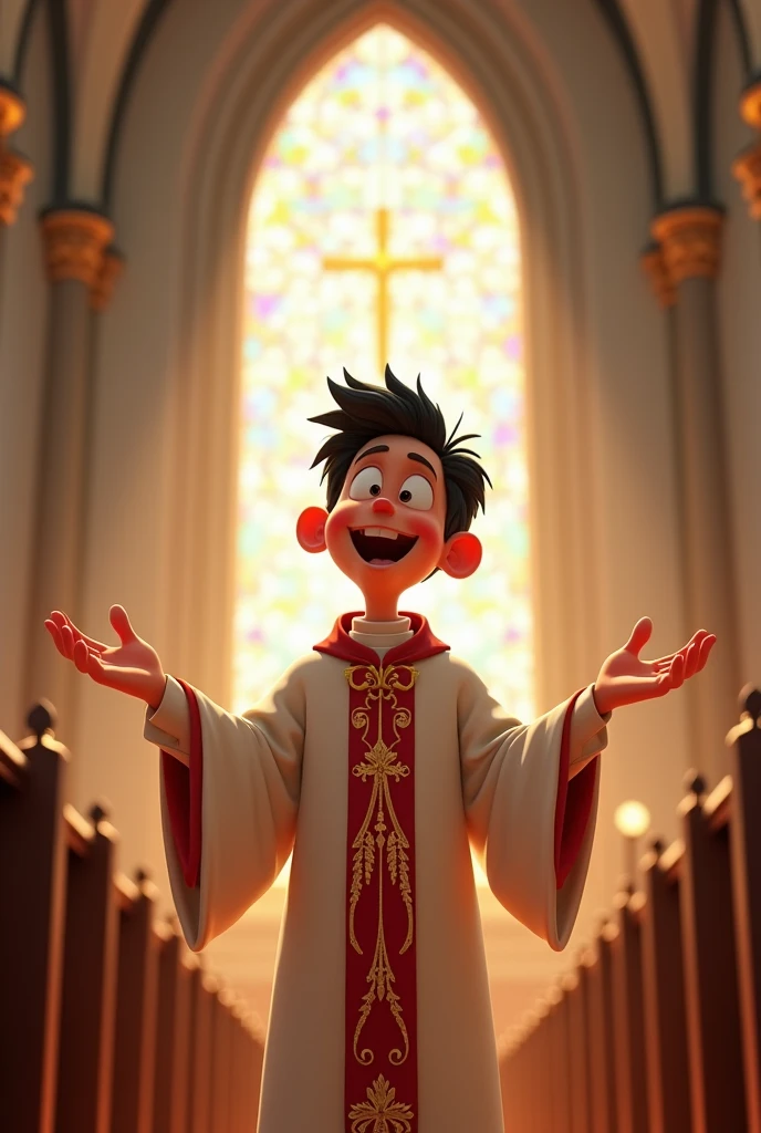 Priest at mass, delgado, young,cheerful and very little hair, with a thin face. Disney Pixar style