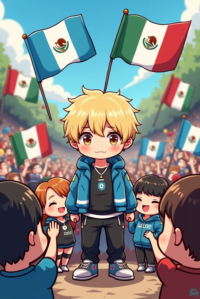 BTS idol AGUST D Suga Min Yoongi protected by his army of fans with flags from Guatemala, Mexico, Argentina, cute chibi cartoon image