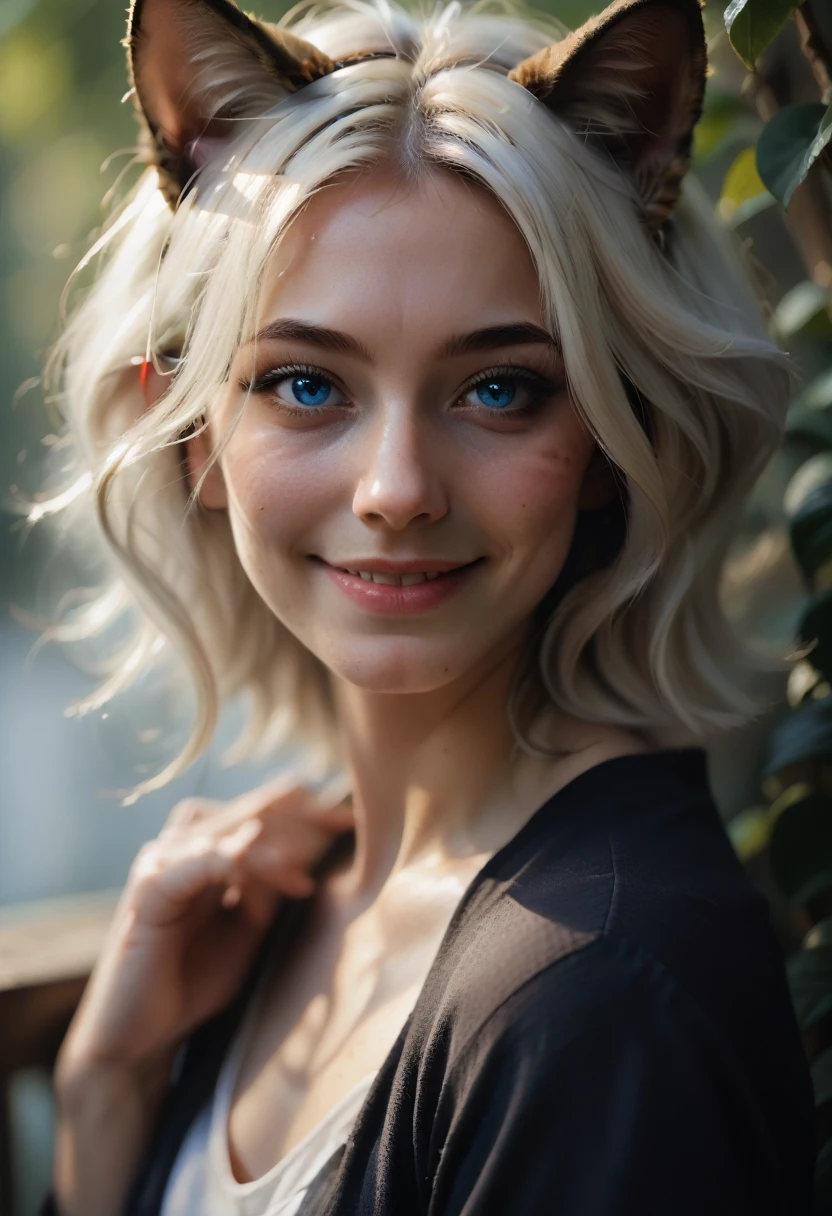 (Masterpiece: 1.2, highest quality), (real photo, intricate details), 1 Lady, Solo, Upper body, Casual, shoulder length hair, Minimal makeup, Natural fabric, Face close-up, Smile, Home, white hair, blue eyes, cat ears,