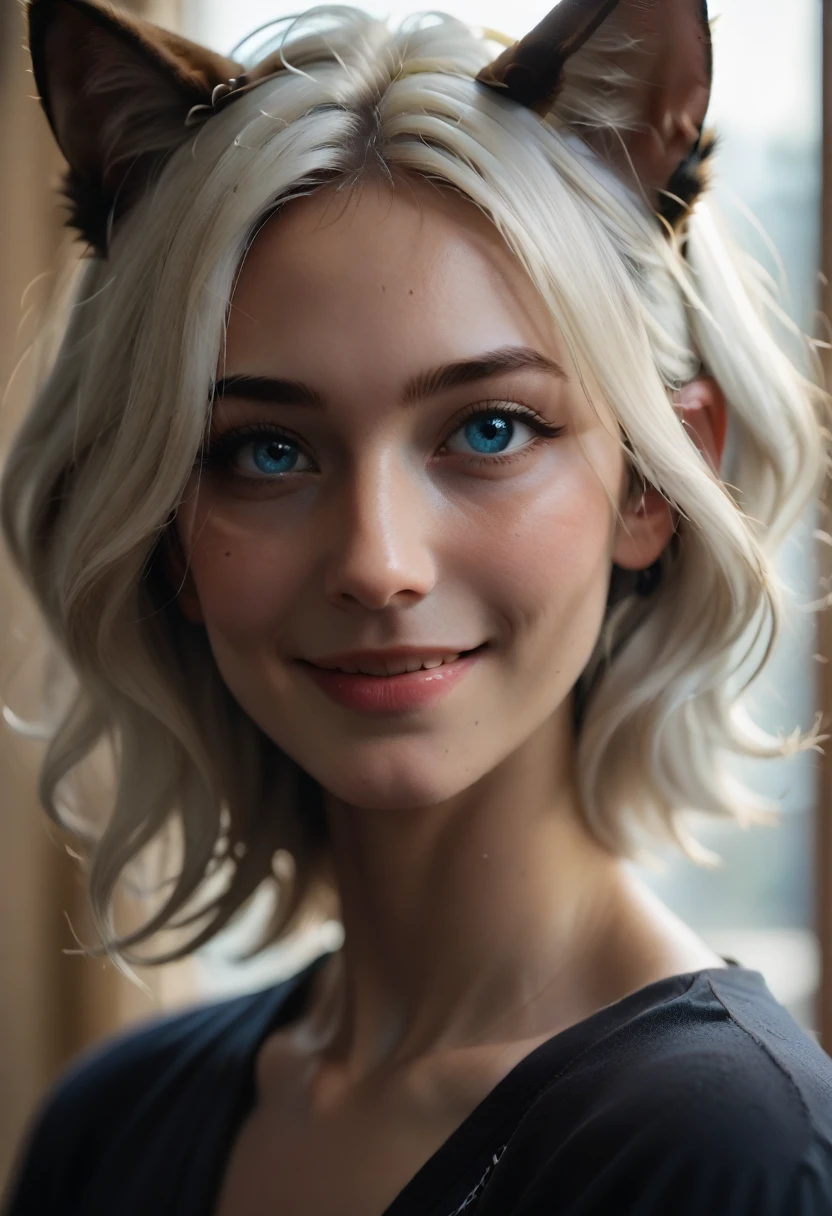 (Masterpiece: 1.2, highest quality), (real photo, intricate details), 1 Lady, Solo, Upper body, Casual, shoulder length hair, Minimal makeup, Natural fabric, Face close-up, Smile, Home, white hair, blue eyes, cat ears,