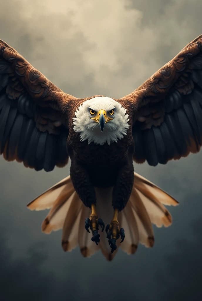 Bold and beautiful looking eagle, fly, wing span, front view, smoky gradient background