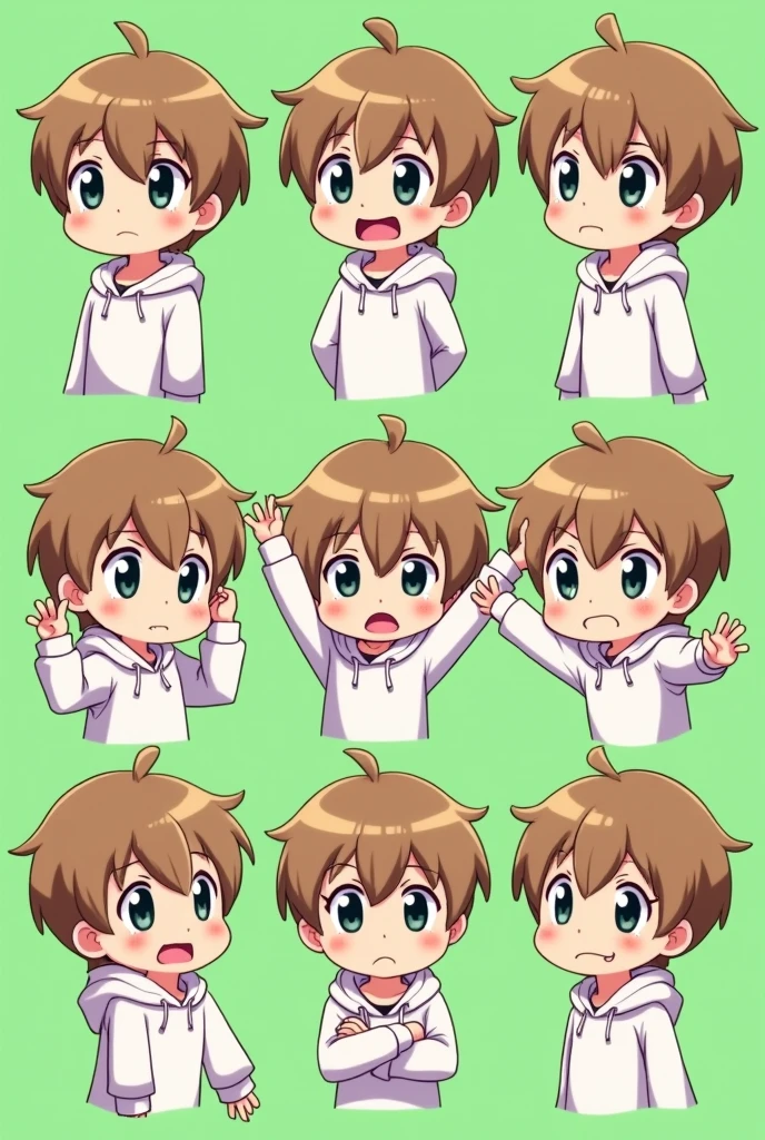 An anime-style character with light brown hair, black eyes, and wearing a white hoodie, depicted in various expressive poses similar to the reference image provided. The character should have a playful and exaggerated cartoon-like appearance, with different facial expressions like confusion, joy, anger, and love, set against a simple green background. The style should be consistent with chibi-like characters, focusing on the large head and expressive eyes. BOY