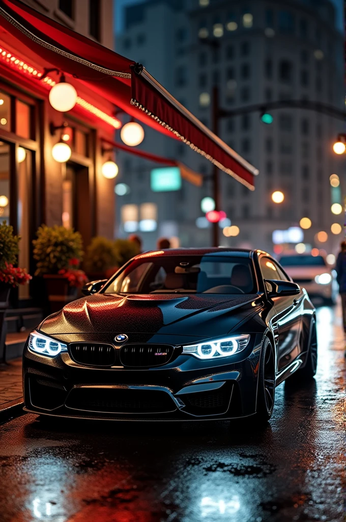 Black bmw m4 in new york city next to a italian restaurant in the night with good ilumination