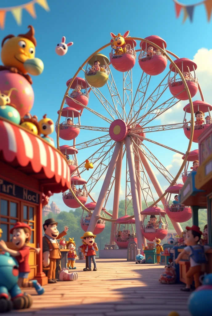 amusement park environment, many toys fill the park, children playing on toys, group of children on the ferris wheel, in ecstasy, happy, some people working at the ticket office, Pixar-style
