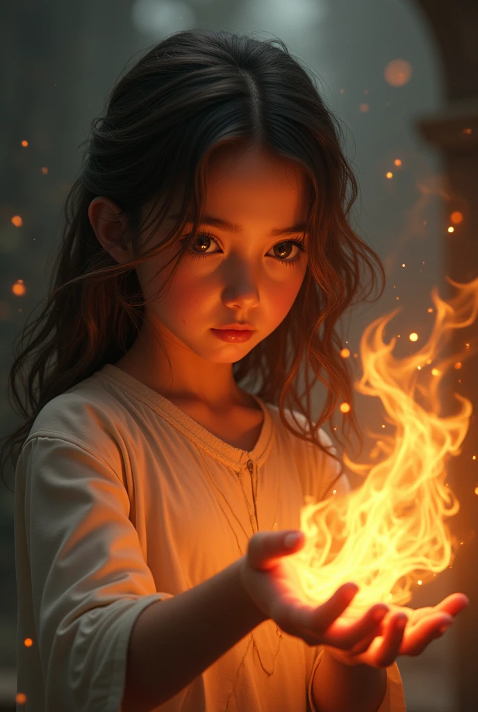 Create an image of a short 1 girl with dark brown hair controlling fire with her fingertips