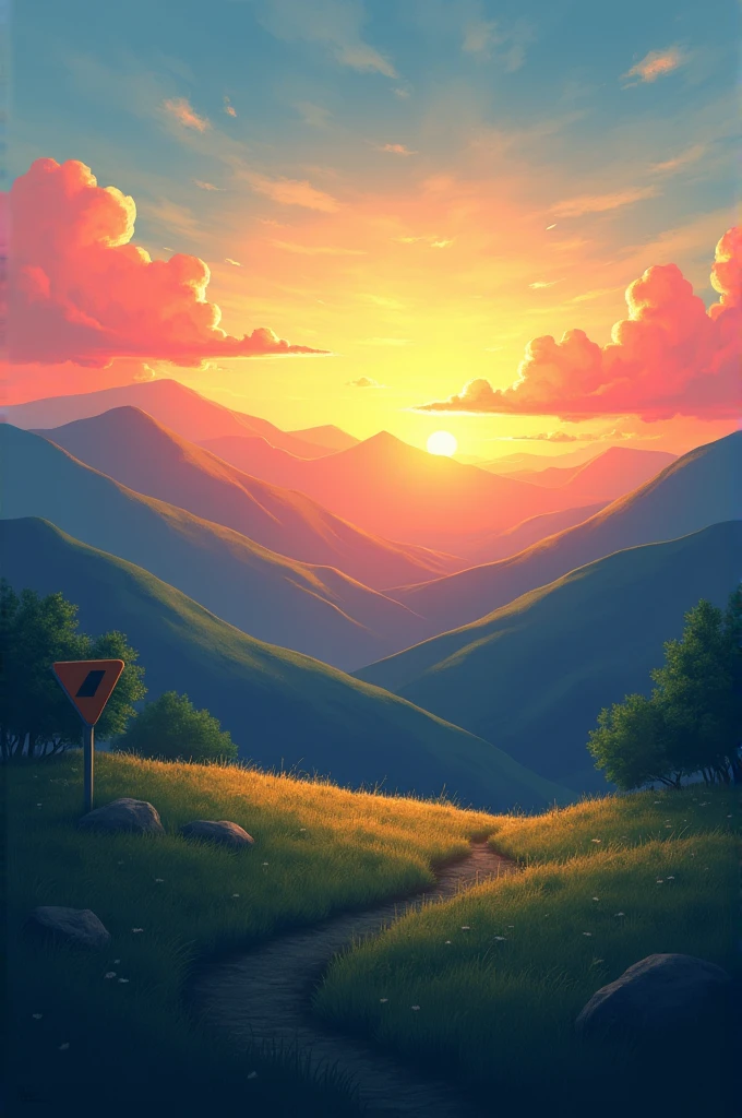 A serene mountain landscape at sunrise. The sun is rising behind the hills, casting a golden glow. On one side of the scene, there is a safety sign, and the ground is covered with lush green grass. The sky transitions from yellow to red to blue, creating a beautiful gradient of colors.