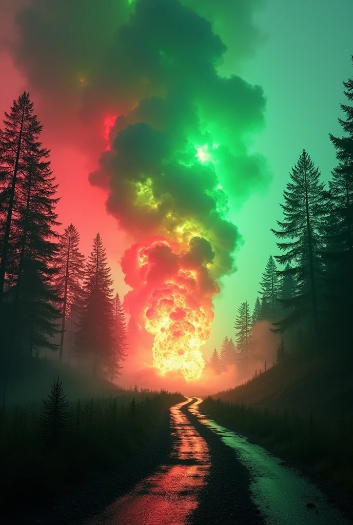 A huge explosion breaks out in the middle of a distant forest, A large green and pink explosion spreading in the middle of a forest and a road in the middle with green and pink fire on the sides, In the background, the trees are burning and pink smoke and flames are spreading all over the place.. The sky is red and has green smoke, more fire around that is green. Seen from the floor with more path on the floor with green fire. Chaos with lots of green and lots of fire