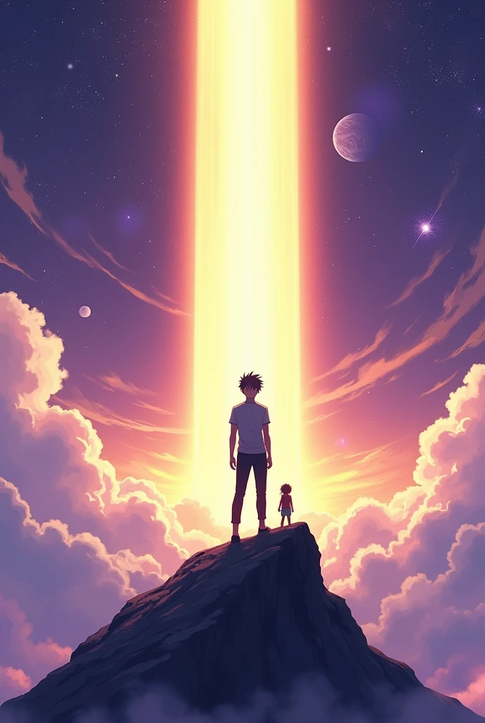 A guy anime character standing on small mountain, landscap , space , Star , purple and white colour sky , animated and a yellow colour powerful light is going up, give another character 