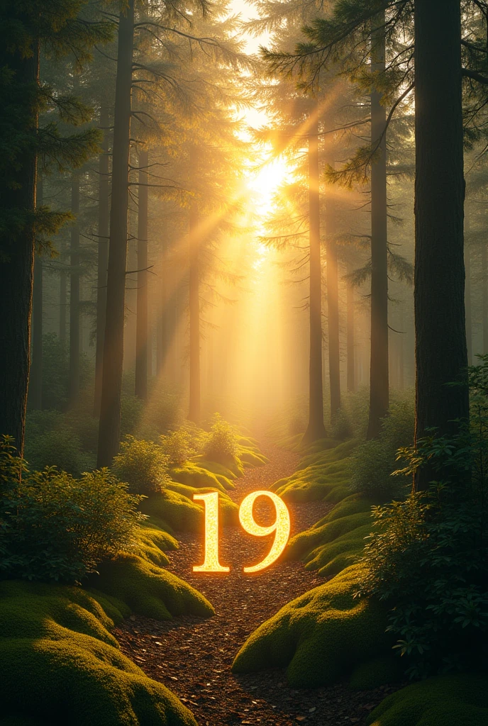 Sunset forest where the light coming out of the trees discreetly forms the number 19 on the ground