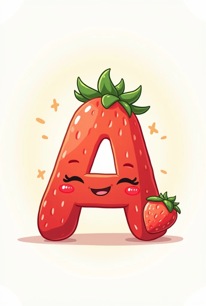a letter that looks like a strawberry (a strawberry in the shape of an A) cute style cartoon style anime nice as if it were a logo, that a smiling strawberry appears on the side, winking