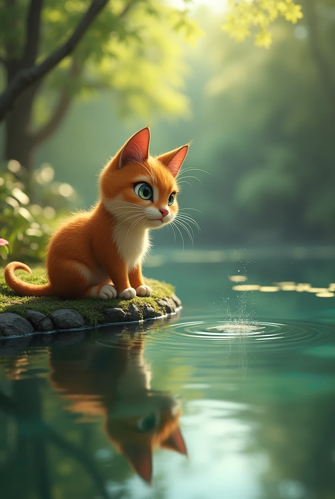 Popo is sitting on the edge of the pond looking at his reflection in the water, occasionally he amuses himself by stirring the water with his paw. Popo has wicked eyes and is always thinking of something new to do.