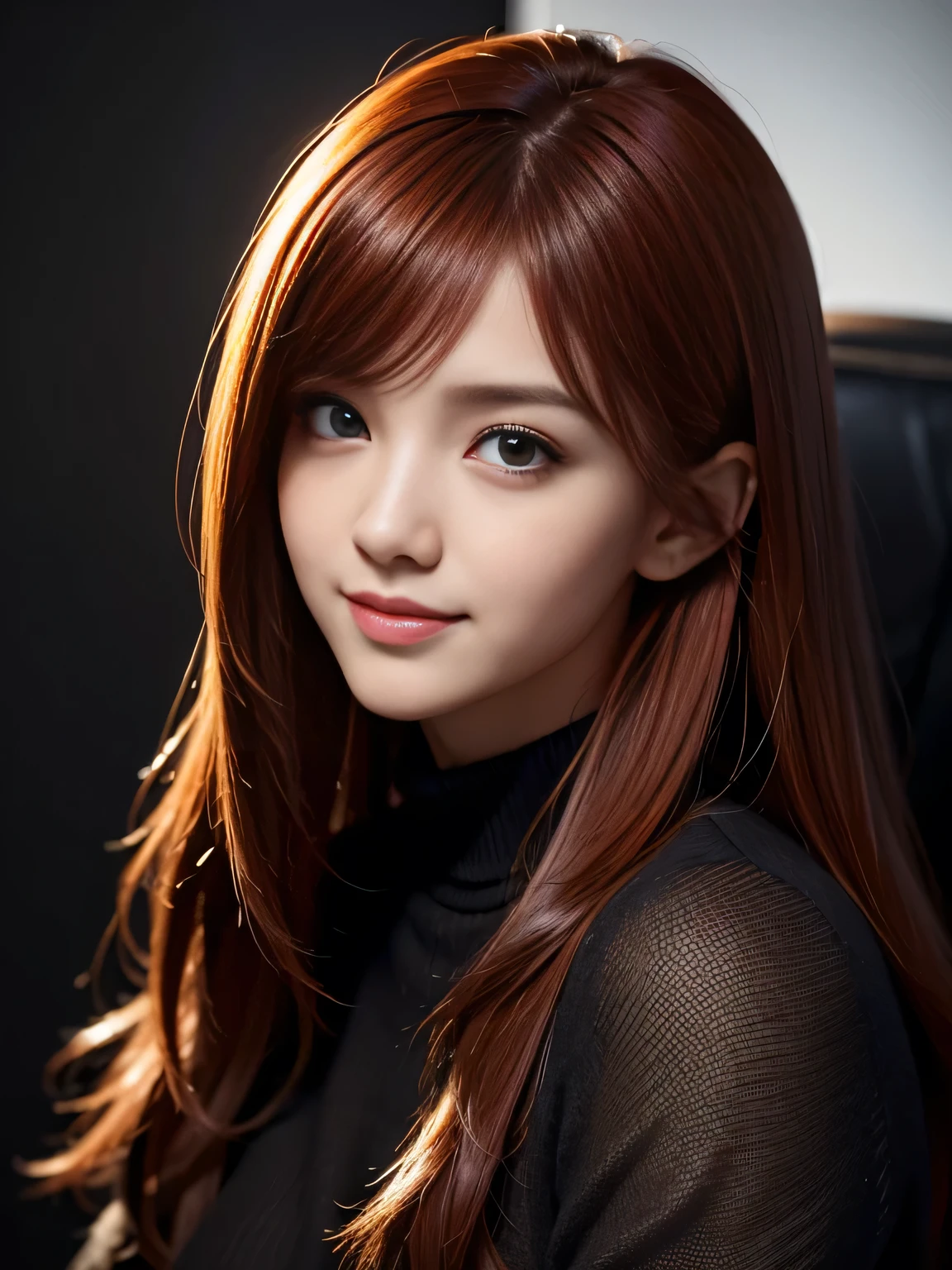 masterpiece, best quality, ultra-detailed, intricately detailed hyperdetailed, realistic, sharp features, highly detailed, sharp focus, Cute Japanese, young adult, perfect face, perfect face, perfect symmetrically perfect eyes, perfect full lips, flexible female form, hyper detailed, hyper realistic, high resolution, vibrant, dynamic studio lighting, Moody Lighting, Underexpose Lighting, ((Dark background)), (discret smile), Red hair, asymmetrical hair, asymmetrical bangs, brown Eyes, black sweater, cowboy shot, 