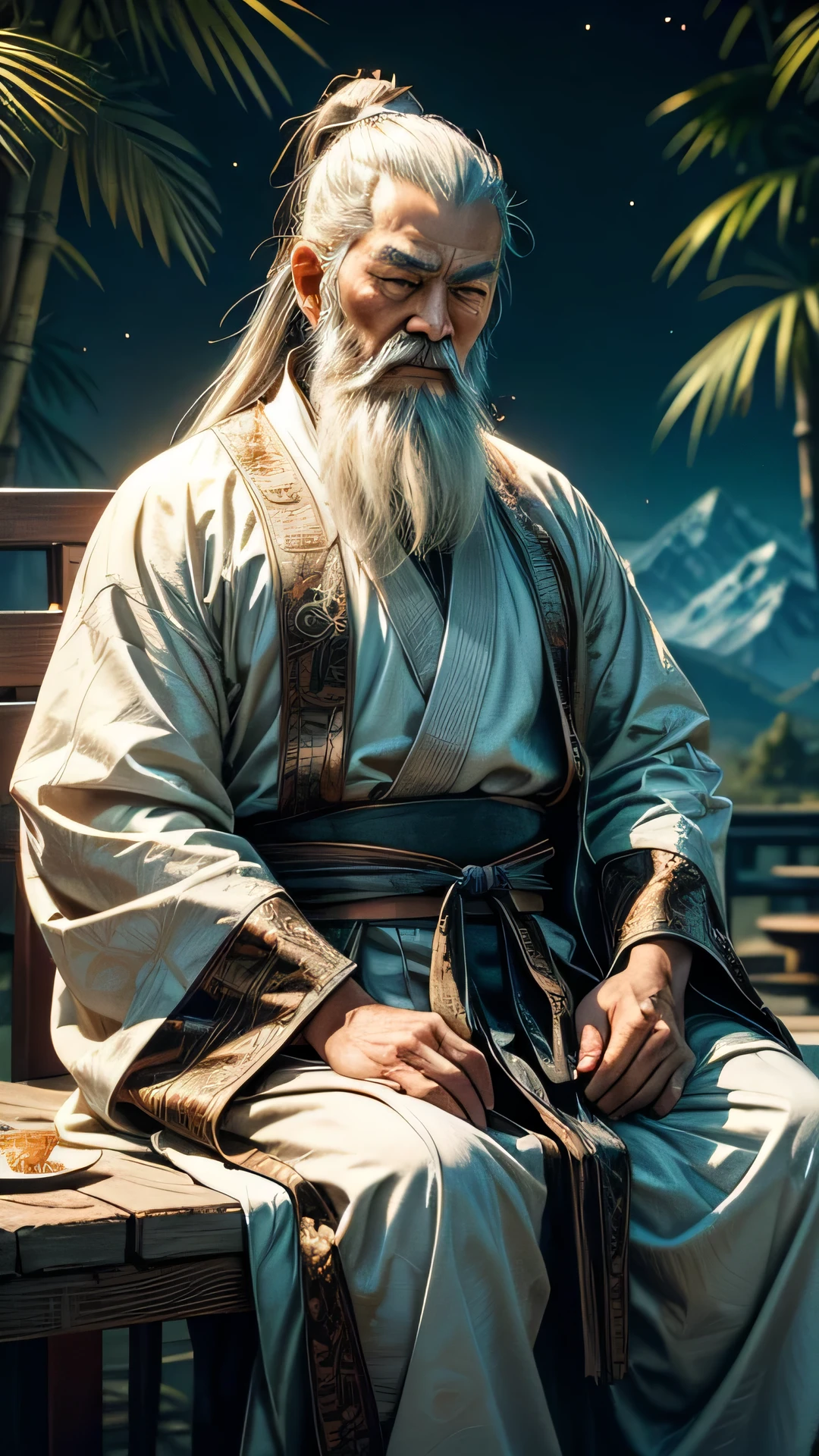 A Chinese man aged 60-70 years old, dressed in traditional clothing from the 8th to 10th century. He has silver hair and a long beard. The man appears deep in thought, with a contemplative expression on his face. His clothing is detailed, with flowing robes typical of the Tang Dynasty, featuring intricate patterns. The background is simple, perhaps a serene outdoor setting with elements like a distant mountain or bamboo trees, to emphasize his introspective mood.