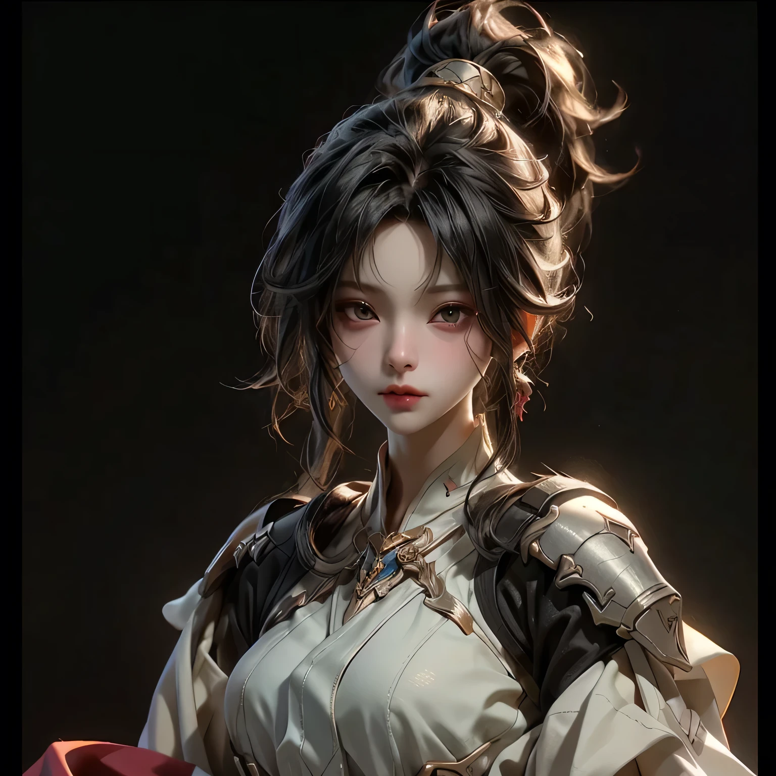 (best quality)), ((Masterpiece)), (details:1.4), 3d, HDR (high dynamic range), an image of a beautiful cyberpunk female, Black hair, High ponytail, Full body, Golden eyes, จมูกโด่ง, ปากแดง, หน้าอกใหญ่, nvidia RTX, PBR surface, After processing, Anisotropic filtration,depth of field, Maximum clarity and clarity, multi-layered surface, Subsurface scattering, perfect proportions, 8K raw files, ultra detailed, Perfect proportions, volumetric lighting, soft lighting, Holy Paladin, Heavy Black Armor, glossy skin, castle background, jewely, ต่างหู, นิ้วมือสมบูรณ์,