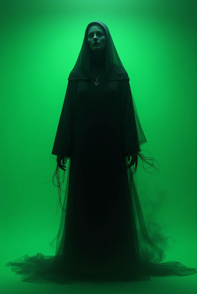 A black ghost nun with legs, hands, standing infront of greenscreen