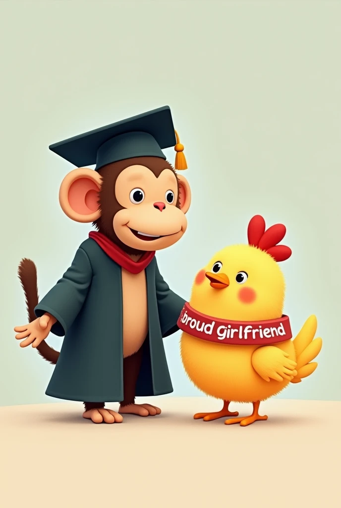 graduated monkey next to a little chicken with a band in the body that says proud girlfriend of a graduated 