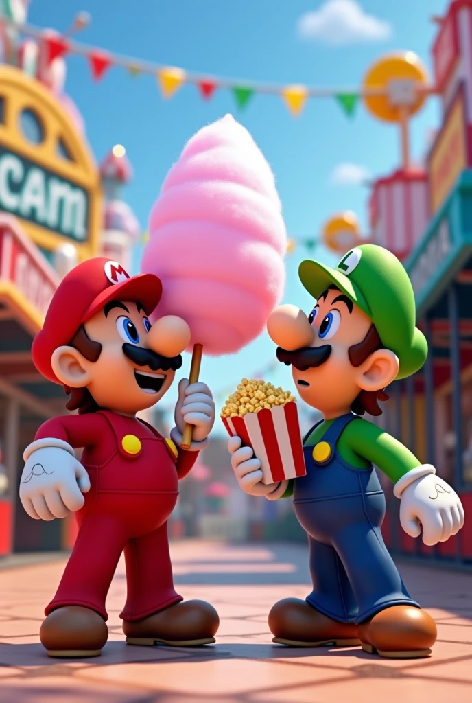 Super Mario from the front eating cotton candy from sticks, and Luigi eating popcorn at an amusement park with signs that say SPLASH