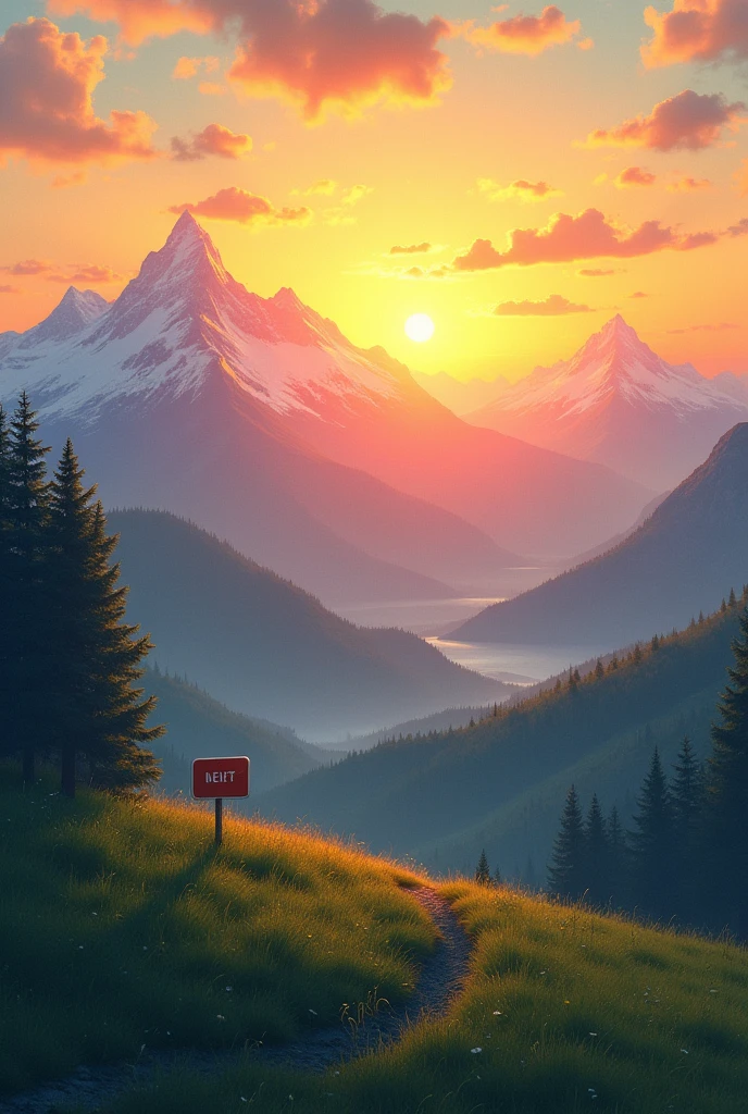 A serene mountain landscape at sunrise. The sun is rising behind the hills, casting a golden glow. On one side of the scene, there is a safety sign, and the ground is covered with lush green grass. The sky transitions from yellow to red to blue, creating a beautiful gradient of colors. Realistic