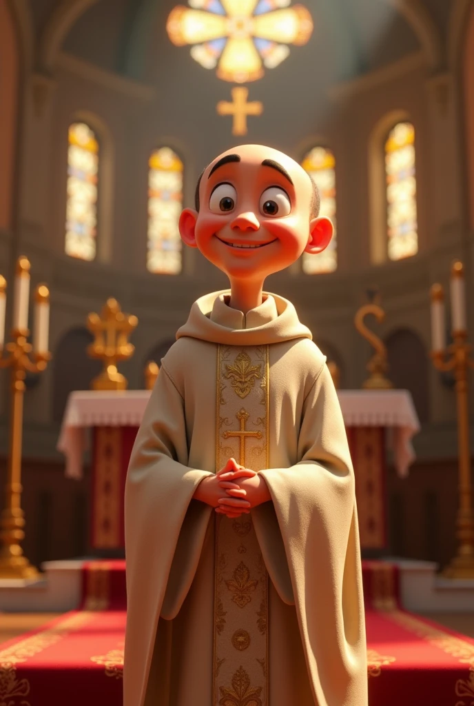 Priest at mass, delgado, young,happy, a little bald, with a thin face. Disney Pixar style