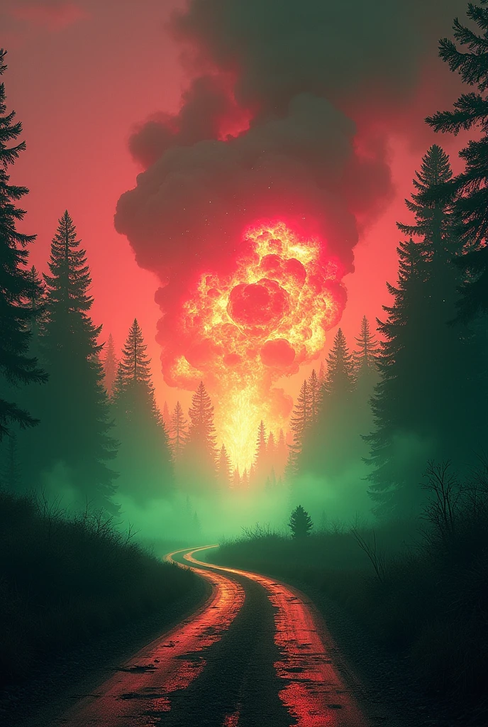 A huge explosion breaks out in the middle of a distant forest, A large green and pink explosion spreading in the middle of a forest and a road in the middle with green and pink fire on the sides, In the background, the trees are burning and pink smoke and flames are spreading all over the place.. The sky is red and has green smoke, more fire around that is green. Seen from the floor with more path on the floor with green fire. Chaos with lots of green and lots of fire