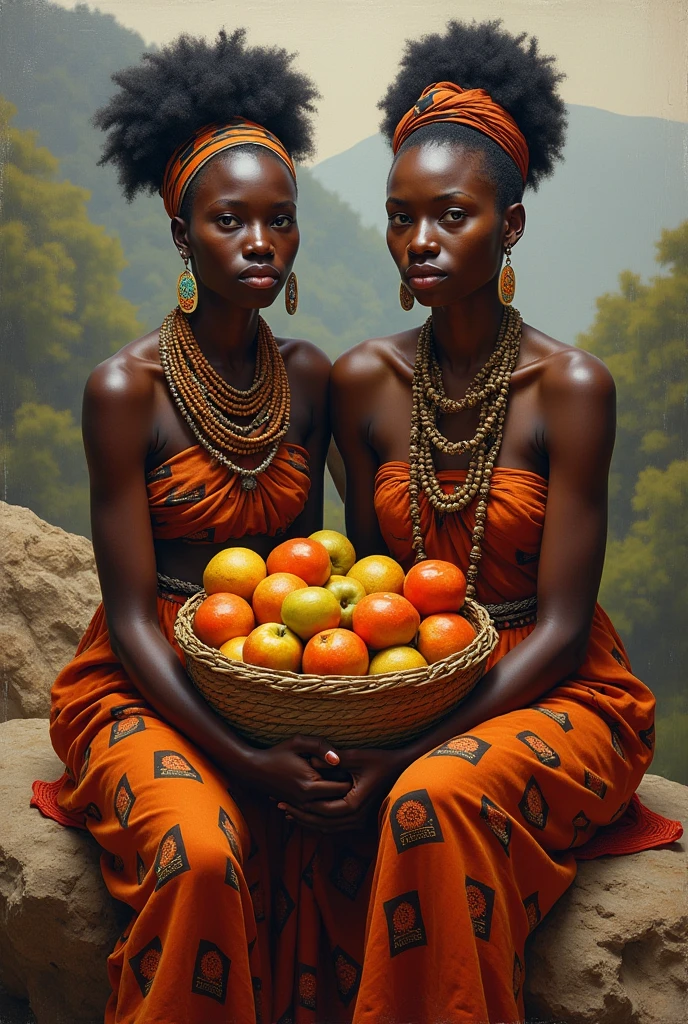 painting of two ZULU women sitting on a rock with a basket of fruit, african arts, beautiful art, beautiful artwork, african queen, black african princess, inspiring art, african princess, traditional beauty, detailed painting“, by Robert Bain, gorgeous art, by Hubert van Ravesteyn, ancient tribe, by László Balogh, beautiful depiction, inspiring, breathtaking art, 