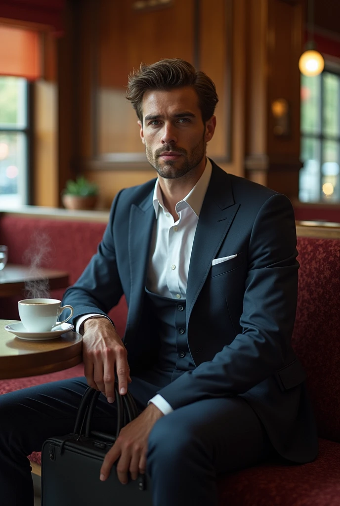 A young businessman in a suit, holding a black briefcase, sitting in the English cafe, The image is shot in a 35mm film photography style, adding a cinematic feel with rich colors, dramatic lighting, and even more light and brightness for a vibrant, lively look.