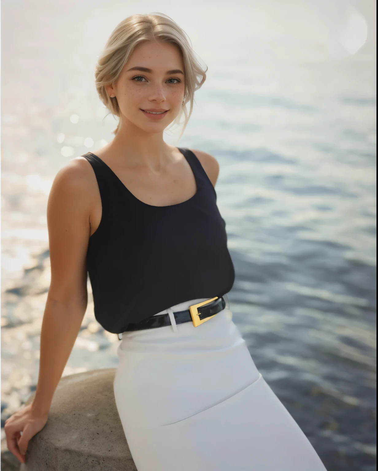 Woman, americana, age 25, pale skin and freckles, gray eyes, delicate nose, soft and delicate lips, far away, cabelo blondie far away e ondulado na altura da cintura, sweet smile, face with delicate feminine facial features, highly rendered