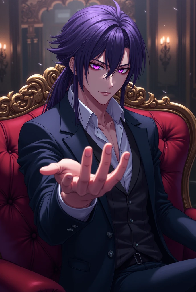 Anime guy, Manly face and body, vampire, Dark purple long hair (tied up with the black ribbon), purple eyes, wearing a casual suit for noble, in the luxury antique room (dark room), close up, sitting on the edge of the bed, reaching out his hand to touch the viewer pov, only one person. ((Anime style))