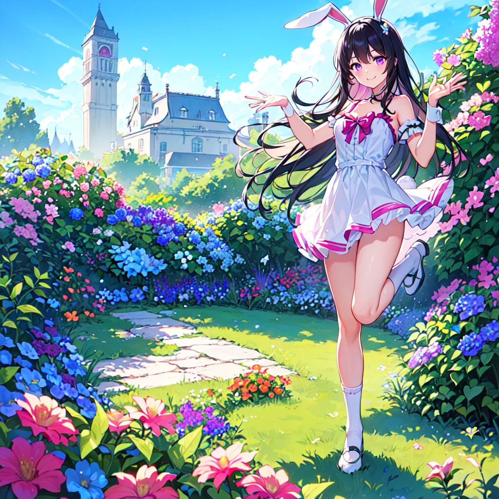 masterpiece, best quality, high quality, extremely detailed, very delicate and beautiful, (1female 18years old solo:1.5) , (two-side up long black hair:1.5), bangs to eyebrows, eyes (eyes sharp, strong and glossy, eyebrows glossy, (eye color magenta:1.3), 6.5 head height, (bunny girl:1.3), knee socks, (smiling), (standing:1.3), (dynamic pose), (background summer flower garden :1.3) , (blue sky:1.3)