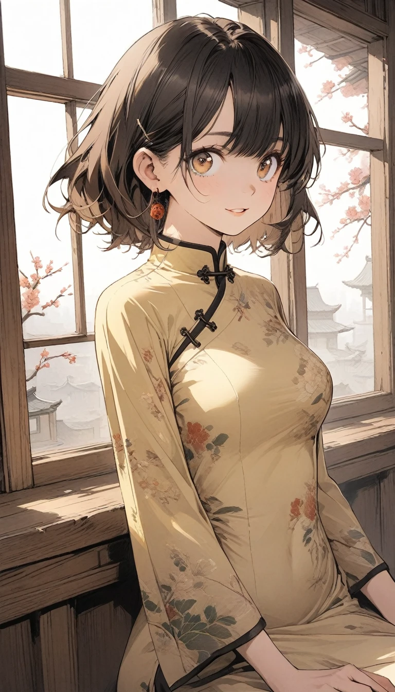 Illustration design, Delicate characters, Windows, table, Brown Hair, Big eyes, Long Chinese Dress