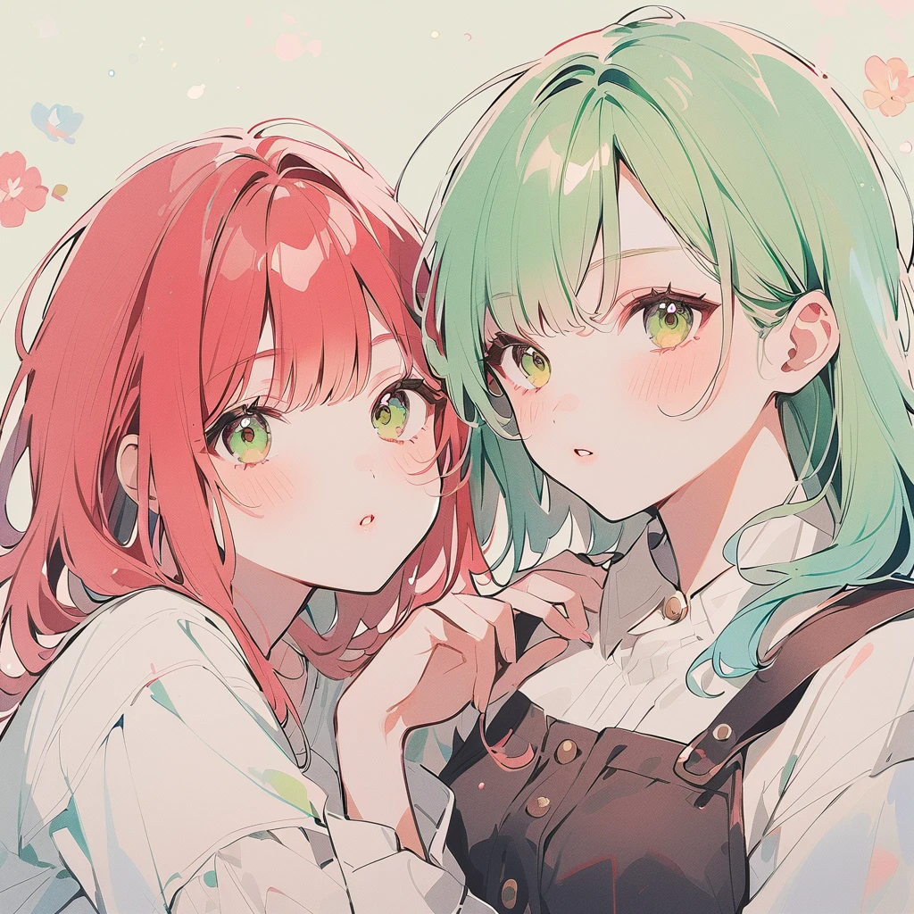 A red–haired girl and a green-haired girl Watercolor、pale colour、