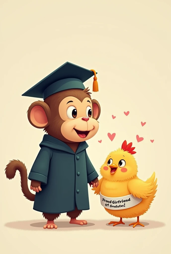 graduated monkey next to a little chicken with a band in the body that says proud girlfriend of a graduated
