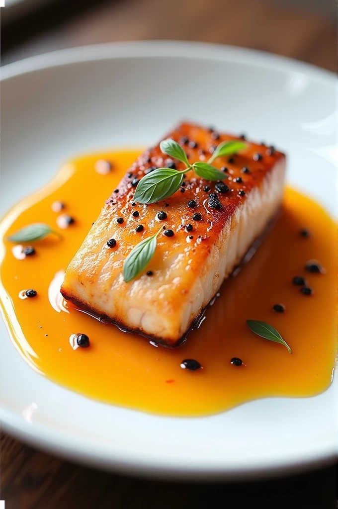 Pan-fried salmon with realistic passion fruit sauce