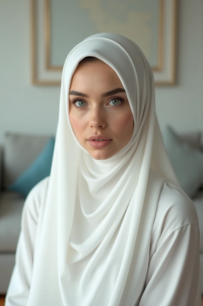 8k,high quality,wear Hijab,beautiful face, white body,ultra quality, living room,front of wall