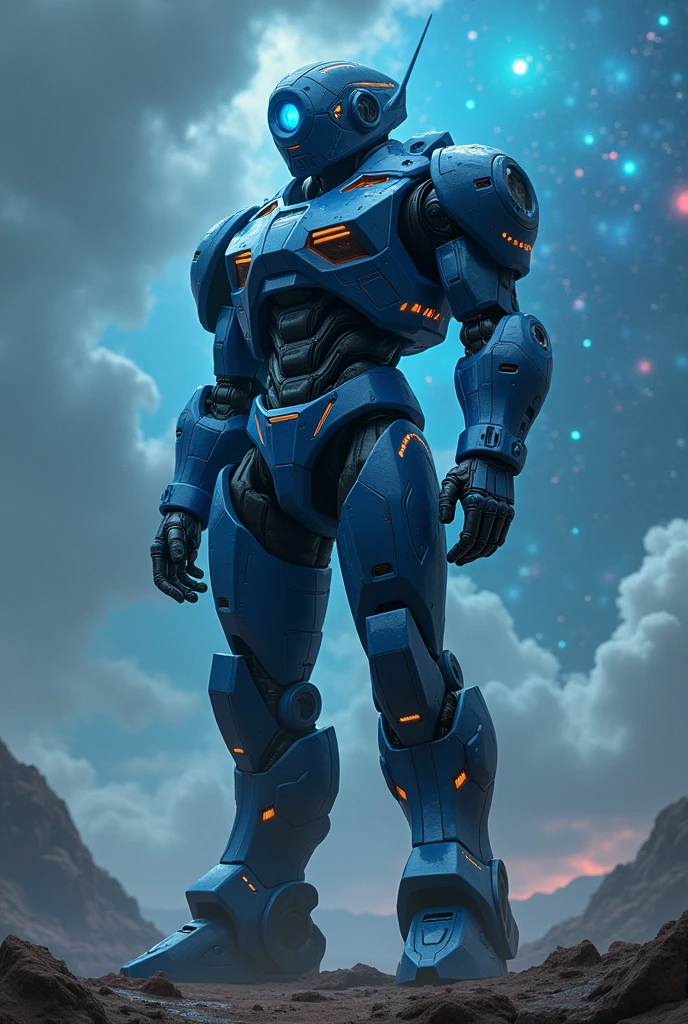 blue, Navy Blue, Camera Eye, mask, Super Robot, Full body image, Apocalypse, universe,