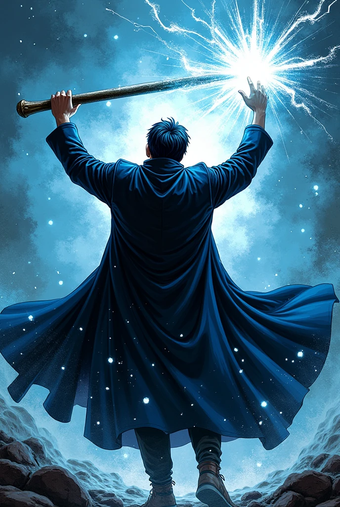 traditional comic art. d&d, magician, Bblack hair, shorth hair, dark blue overcoat, cajado de magician, traditional comic art.
heroic poses Dramatic light and shadow No background