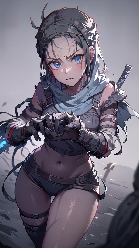 Senua from hellblade, 1girl, holding glowing sword, sword fighting poses, wide angle, damaged leather clothing, thigh cutout, forehead and eyes painted dark blue, determined expression, 16k, best quality, detailed face, beautiful blue eyes, best hands, perfect hands, unreal engine rendering style, award winning digital art, darkly atmospheric lighting 