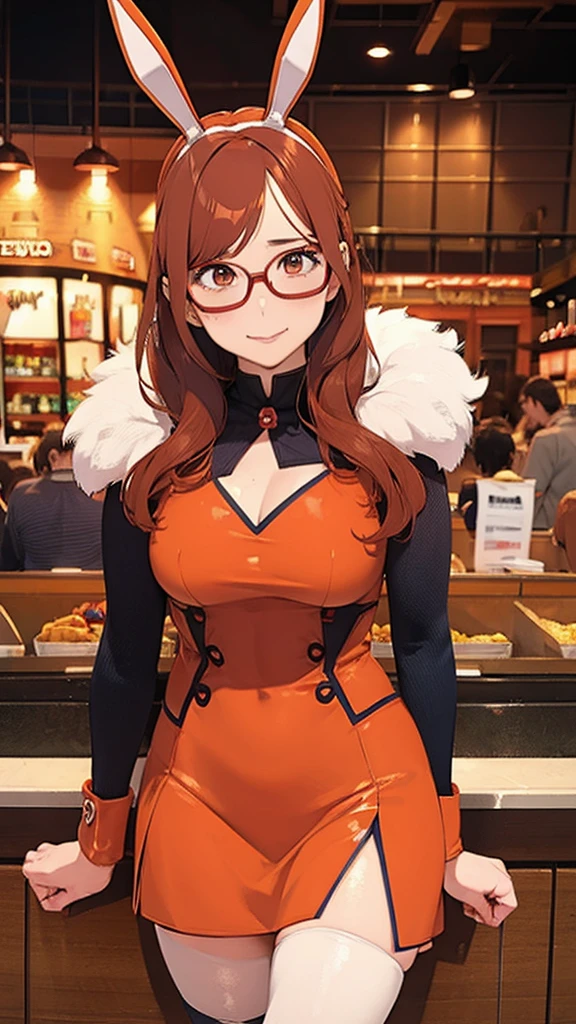 Adult girl with copper-orange hair with bunny ears, brown eyes and glasses, dressed as Deadpool. 