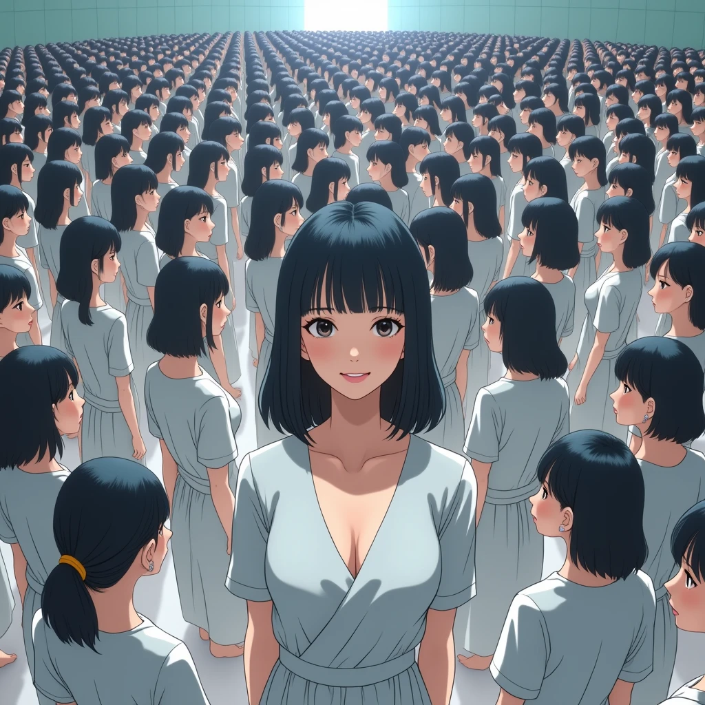 (((((Japanese Clone girls=Myself)))))), (((Best Super High quality Myself Clone girls Raw Photography Art))), (16K, Highest quality, Ultra-high resolution, RAW Photos), (((It&#39;s so unrealistic., With unparalleled depiction, With an unfathomable sight, An unprecedented and shocking worldview, Clone girls in a world of mass reproduction, Ultra-realistic))), (((Japanese, woman, 20yo, Saito-Asuka))), (Small face, ((Thick black hair, Semi-long hair))), ((V-neck short-sleeve dress)), (((((Very detailed美しい女体, Accurate body structure, Very detailed完璧な, Super busty body with very large breasts, Clearly emphasizes cleavage))))), (((Dark Eyes, Mature face, Cute Smile, A gentle gaze))), (((Her happy and smiling expression is so cute))), ((((((((Very detailed分身増殖描写, ((1girl→Myself cloning→1,000,000,000,000,000,000,000,000,000,000,000,000,000,000,000,000,000,000,000,000Myself Clone girls)))))))))), ((((((((Very detailed, The precise depiction of the proliferation of Myself Clone girls, ((With the perfectly identical bodies of Myself clone girls, With the exact same face as the Myself clone girls, With the exact same hairstyle as the Myself clone girls, In the exact same clothes as the girls who are my clones, Perfectly the same height as the Myself clone girls, Super big breasts, just like the Myself clone girls)))))))))), (((Myself clone girls only))), (((Multiple pairs, Very detailed depiction, (Myself clone girls hug each other, Myself clone girls assemble, Fun conversations with fellow Myself clone girls, A fun conversation between Myself clone girls, Myself clone girls holding hands, Walking with lots of Myself clone girls, Turn around, Look at me!)))), (((Everyone looks at the camera))), (((Unbelievably crowded, Transcendent Myself clone girls intimately, Countless Myself clone girls surround you in 360 degrees))), (Bright, soft sunlight), (((Very wide field of view, Very detailed, Detailed ultra-perspective depiction with clear depth, super wide top view))), (((((Junction with a curved slope))))), (((Very photographic and detailed depiction, Myself clone girls will multiply infinitely and fill the surroundings from one side to the horizon with their bodies tightly packed together without any gaps., A scene of endless Myself clone girls and a fun atmosphere))), (Focus on the average value of the image)