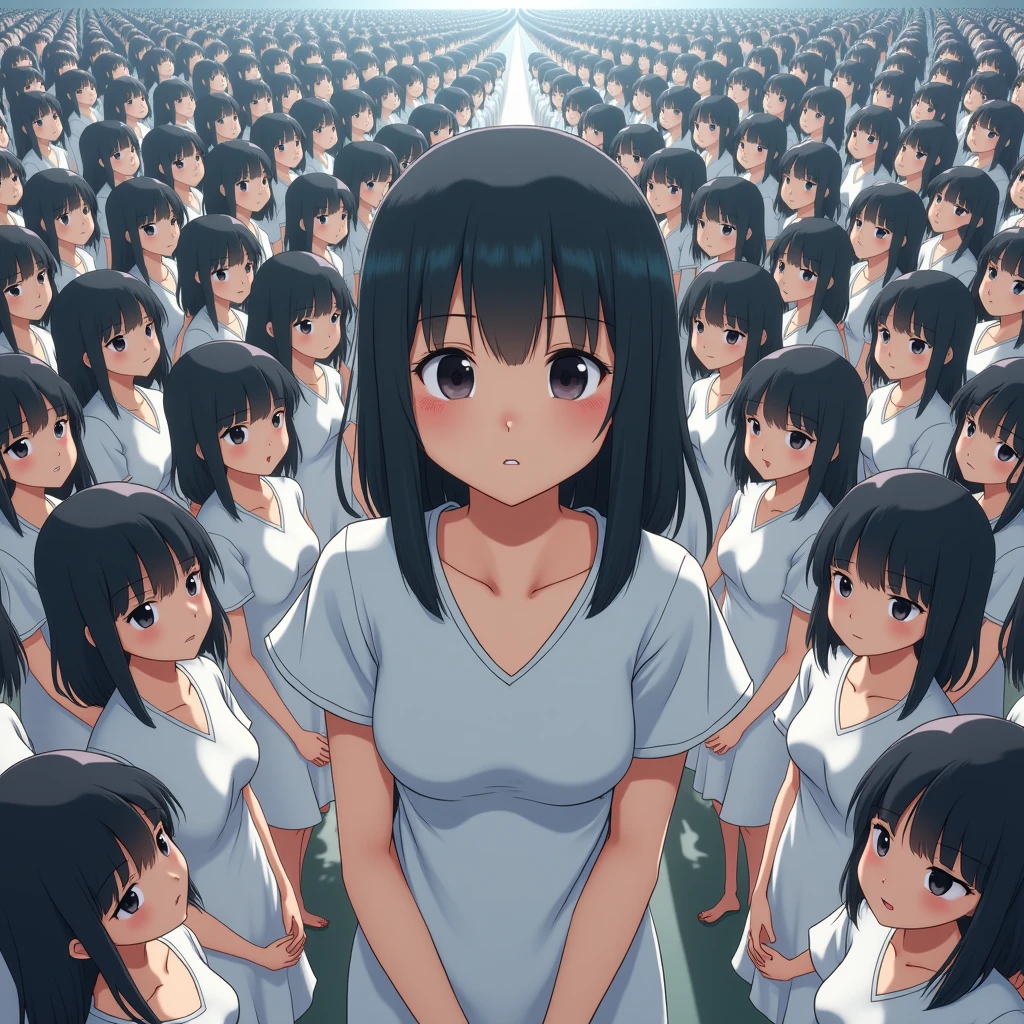 (((((Japanese Clone girls=Myself)))))), (((Best Super High quality Myself Clone girls Raw Photography Art))), (16K, Highest quality, Ultra-high resolution, RAW Photos), (((It's so unrealistic., With unparalleled depiction, With an unfathomable sight, An unprecedented and shocking worldview, Clone girls in a world of mass reproduction, Ultra-realistic))), (((Japanese, woman, 20yo, Saito-Asuka))), (Small face, ((Thick black hair, Semi-long hair))), ((V-neck short-sleeve dress)), (((((Very detailed美しい女体, Accurate body structure, Very detailed完璧な, Super busty body with very large breasts, Clearly emphasizes cleavage))))), (((Dark Eyes, Mature face, Cute Smile, A gentle gaze))), (((Her happy and smiling expression is so cute))), ((((((((Very detailed分身増殖描写, ((1girl→Myself cloning→1,000,000,000,000,000,000,000,000,000,000,000,000,000,000,000,000,000,000,000,000Myself Clone girls)))))))))), ((((((((Very detailed, The precise depiction of the proliferation of Myself Clone girls, ((With the perfectly identical bodies of Myself clone girls, With the exact same face as the Myself clone girls, With the exact same hairstyle as the Myself clone girls, In the exact same clothes as the girls who are my clones, Perfectly the same height as the Myself clone girls, Super big breasts, just like the Myself clone girls)))))))))), (((Myself clone girls only))), (((Multiple pairs, Very detailed depiction, (Myself clone girls hug each other, Myself clone girls assemble, Fun conversations with fellow Myself clone girls, A fun conversation between Myself clone girls, Myself clone girls holding hands, Walking with lots of Myself clone girls, Turn around, Look at me!)))), (((Everyone looks at the camera))), (((Unbelievably crowded, Transcendent Myself clone girls intimately, Countless Myself clone girls surround you in 360 degrees))), (Bright, soft sunlight), (((Very wide field of view, Very detailed, Detailed ultra-perspective depiction with clear depth, super wide top view))), (((((Junction with a curved slope))))), (((Very photographic and detailed depiction, Myself clone girls will multiply infinitely and fill the surroundings from one side to the horizon with their bodies tightly packed together without any gaps., A scene of endless Myself clone girls and a fun atmosphere))), (Focus on the average value of the image)