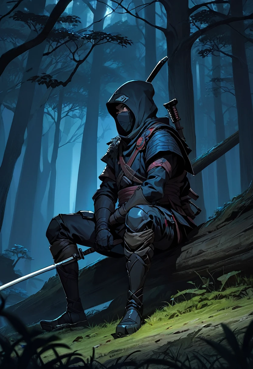shinobi waiting on a tree branch in a drak forest at night