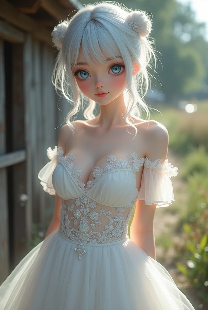 Georgeous, Beautiful, Cute, , 1, White Skin, Cleavage, ((Large Colossal Breast:1.3)), Sleeveless, Off Shoulder, Strapless, ((Transparent:1.3)), ((White Long Lolita Dress)), (Embroidery), Posing, ((Silver Hair)), ((Bright Blue Eye)), ((Muscles:1.3)), ((Bokeh:1.3)), Animal Farmer Background, Masterpiece, Twintails