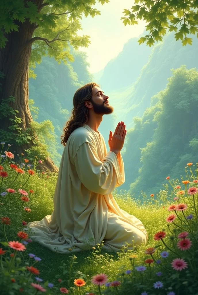"Create a serene and uplifting image of Jesus praying in a lush, green landscape. Depict Jesus in a moment of deep, contemplative prayer, with His hands gently clasped or raised towards the heavens. Place Him in a vibrant, verdant setting, such as a peaceful meadow, a tranquil garden, or a lush hillside, surrounded by flourishing greenery and blooming flowers. The environment should convey a sense of calm and natural beauty, with soft sunlight filtering through the trees or casting a warm, gentle glow over the scene. Jesus should be portrayed with an expression of profound devotion and tranquility, reflecting His connection with God and the serene beauty of the surroundings. Use a harmonious color palette of greens, soft blues, and warm sunlight to enhance the peaceful and spiritual atmosphere of the image."