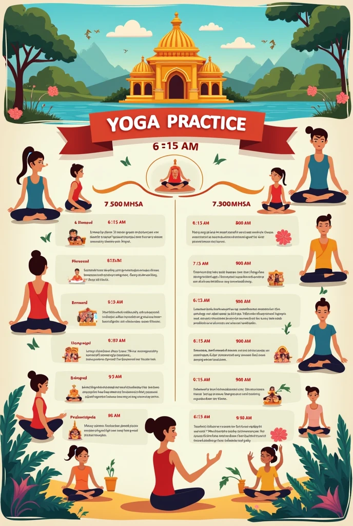 Make me a image yoga poster including 6:15 am to 7 am, 7:15 am to 8 am, 8:15 am to 9 am and 9:15 am to 10 am Payanta, Asana, Pranayam, Meditation, kids and adults and (Ganesha Temple Inside) will be written near South Point School on Anil Mitra Road