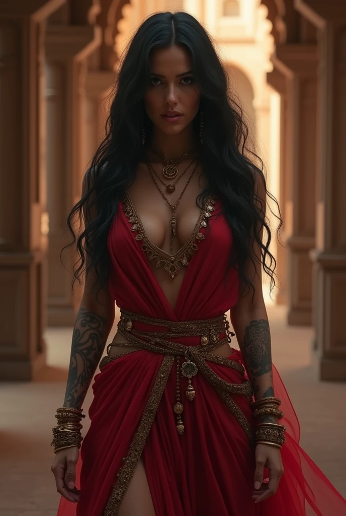 A hot ((succubus demon woman)), {{FULL BODY}}, masterpiece, 8k, ultra realistic, detailed background, palace, god rays, ambient occlusion, tattooed hands, ((Indian dress)), ((Look like Scarlett Johansson)), {{Big breast and big cleavage}}, (( long black hair wavy))