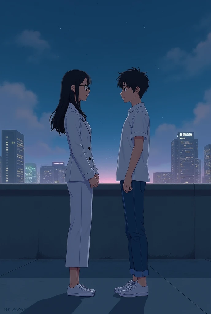 A girl and a boy are talking on the rooftop at night, the girl is wearing a white traditional suit and glasses, the boy is wearing a white shirt, jeans and white shoes.
