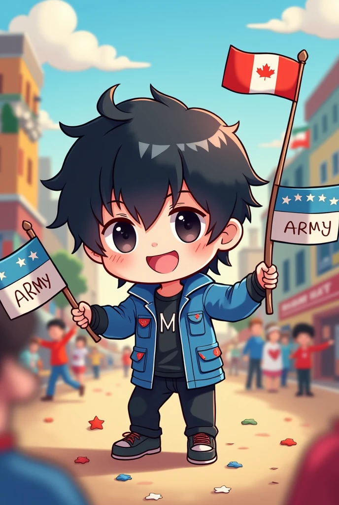 The idol AGUST D Suga Min Yoongi with black hair and eyes from BTS protected by his fans army with flags from Guatemala, Mexico, Argentina, cute image chibi cartoon
