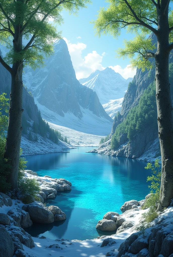 Imaginez une vallée paisible entourée de montagnes couvertes de neige étincelante. Les arbres, aux troncs de cristal pur, s'élèvent majestueusement, leurs branches recouvertes de feuilles aux teintes changeantes, passant du vert émeraude au bleu saphir selon l’angle de la lumière. Au centre de la vallée se trouve un lac d’un bleu électrique, dont l’eau est si claire que le fond semble être une galaxie d’étoiles scintillantes. Un doux brouillard argenté flotte au-dessus du lac, ajoutant une aura de mystère à cette scène féerique.