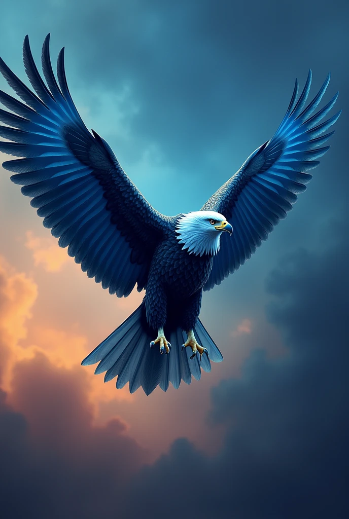 Bold and beautiful looking eagle, blue feather, fly, wing span, front view, smoky blue orange gradient background