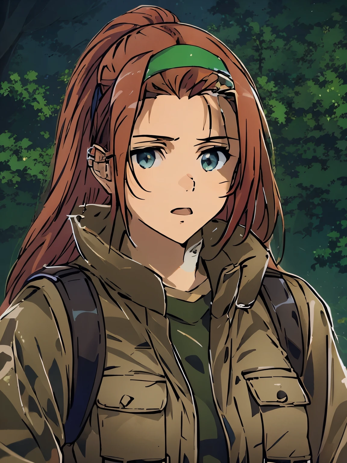 8k, Highly Detailed, Masterpiece, source_anime, best quality, beautifully detailed eyes and beautifully detailed hair, 1girl, solo, Anime-style character illustration set against a solid black background. The character is a young woman with fair skin, long reddish-brown hair, and green eyes. She is wearing a green headband, a light grey long-sleeve shirt, and a brown utility vest with multiple pockets. Her outfit includes brown cargo pants with black straps and black combat boots. The character's facial expression is neutral, and she stands with one hand resting on her hip, exuding a confident and composed demeanor, background is arbitrary